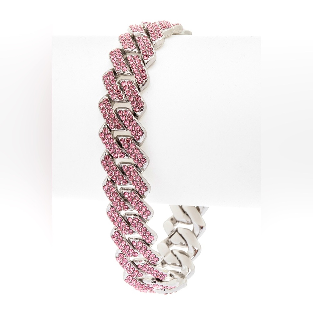 Silver & Pink Rhinestone Cuban Chain Bracelet